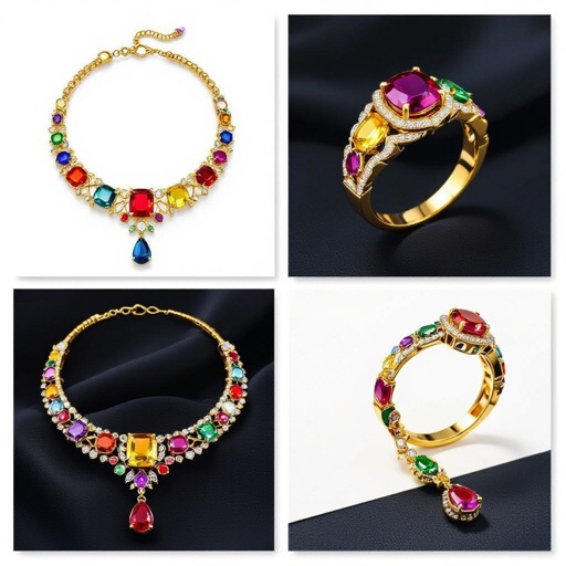 Necklace and ring and earring with luxury colorful jewel with gold