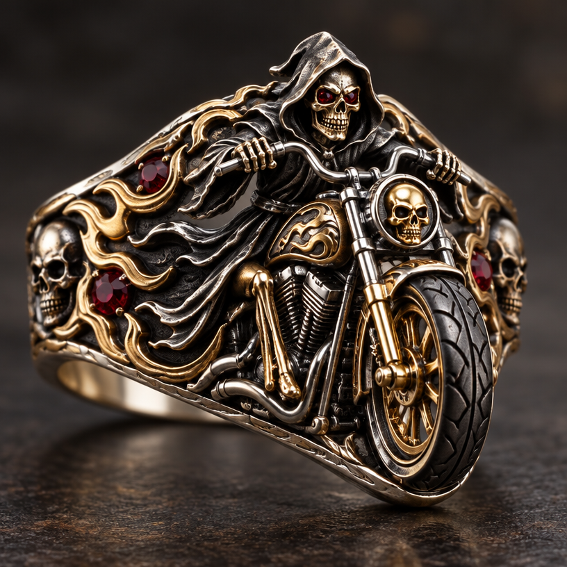 A medieval women's ring made of mixed metal suitable for party, detailed and decorative, moderately ornate. reaper on a motorcycle
using the attached image as a visual reference, create A medieval women's ring made of mixed metal suitable for party, detailed and decorative, moderately ornate. reaper on a motorcycle. photorealistic, just the design no text