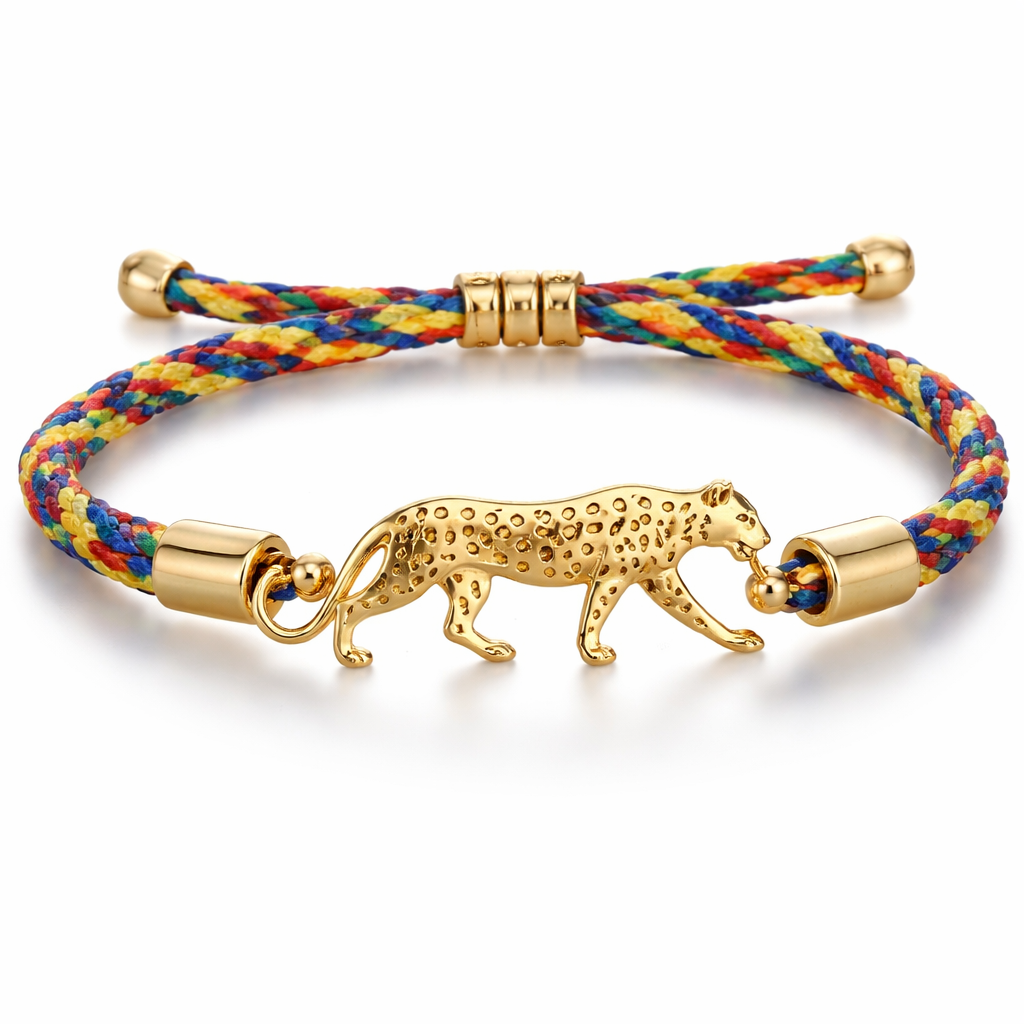 A men's ring made of gold. bracelet avec cordelette de couleur jaune, bleu et rouge avec la silhouette d un leopard perforée en or .bijoux mixte homme/femme
A men's ring made of gold. bracelet avec cordelette de couleur jaune, bleu et rouge avec la silhouette d un leopard perforée en or .bijoux mixte homme/femme, modern style