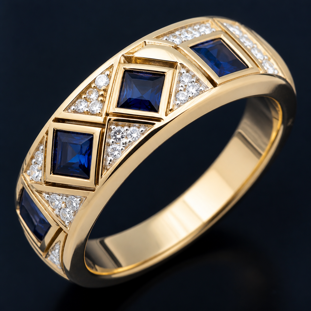 Gold band ring, square blue diamonds with white diamonds
photorealistic jewelry design, Gold band ring, square blue diamonds with white diamonds
, geometric style, just the design no text