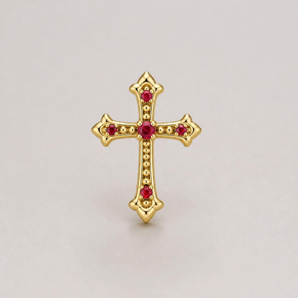 Dainty and feminine Gold cross with rubies, majority gold . Hidden bail
photorealistic jewelry design, Dainty and feminine Gold cross with rubies, majority gold . Hidden bail, minimalist style, just the design no text