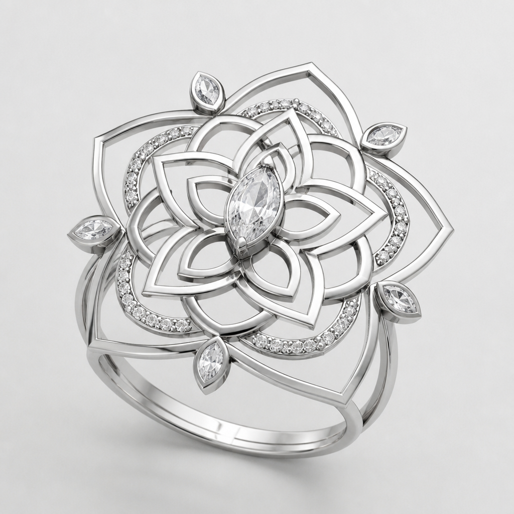 A women's ring made of silver with diamond stones. bague style mandala feminin delicat et metal avec plusieurs fine ligne, avec et sans diamant de forme oval exterieur pierre marquise au centre
photorealistic jewelry design, A women's ring made of silver with diamond stones. bague style mandala feminin delicat et metal avec plusieurs fine ligne, avec et sans diamant de forme oval exterieur pierre marquise au centre, modern style, just the design no text