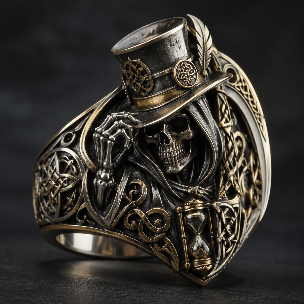 A celtic men's ring made of mixed metal suitable for formal. a reaper with a mix of the madhatter style
photorealistic jewelry design, A celtic men's ring made of mixed metal suitable for formal. a reaper with a mix of the madhatter style, celtic style, just the design no text