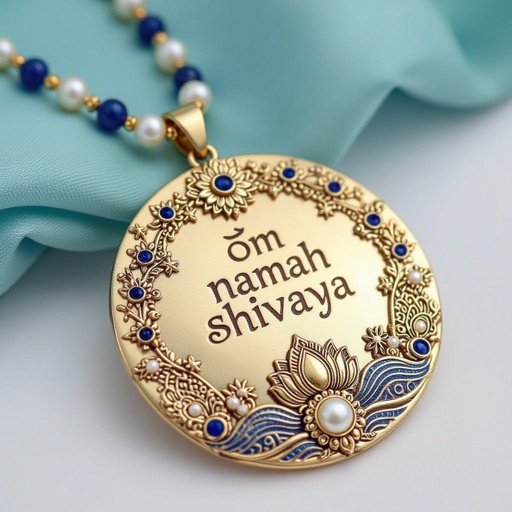 Кулон на длинной цепочке. Матовое светлое золото. В цепочке небольшие золотые шарики и синие камушки и жемчуга. Кулон в форме неровного мятого круга. На круге изображена надпись под наклоном om namah shivaya. Круг украшен лотосами звездами волнами узорами
