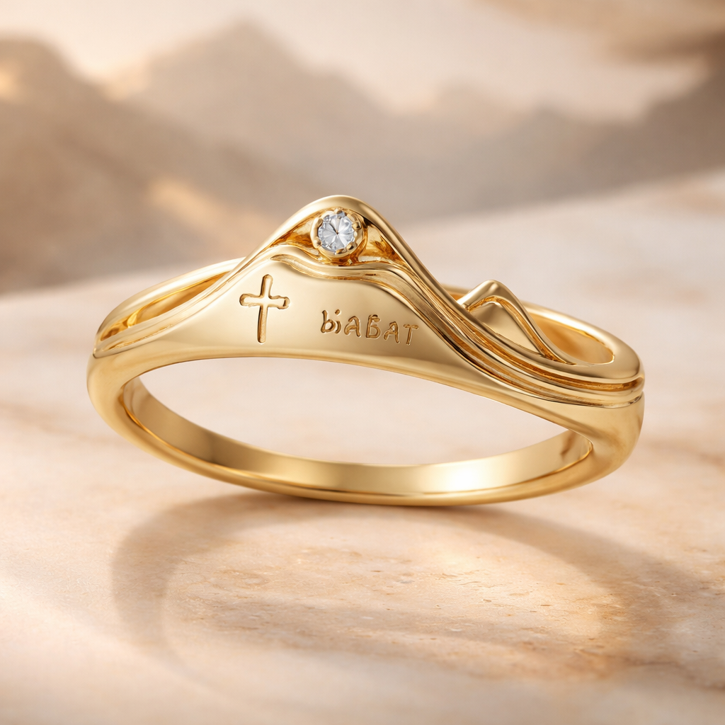 Ring for young artistic women, reflecting life journey of strength and faith, small engraved cross and Armenian letters, sculptural curves inspired by mountains and courage, minimal but meaningful design, gold with subtle gemstone accent, 3D render, elegant and creative