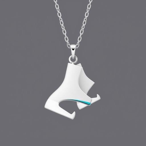 Silver pendant in the shape of ice skating blades with a turquoise stripe within the blade