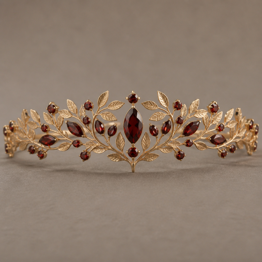 A gold women's tiara made of gold with garnet stones suitable for daily wear, highly ornate, intricate and elaborate, richly detailed. delicado y sencillo con pequeñas ramitas
photorealistic jewelry design, A gold women's tiara made of gold with garnet stones suitable for daily wear, highly ornate, intricate and elaborate, richly detailed. delicado y sencillo con pequeñas ramitas, gold style, just the design no text
