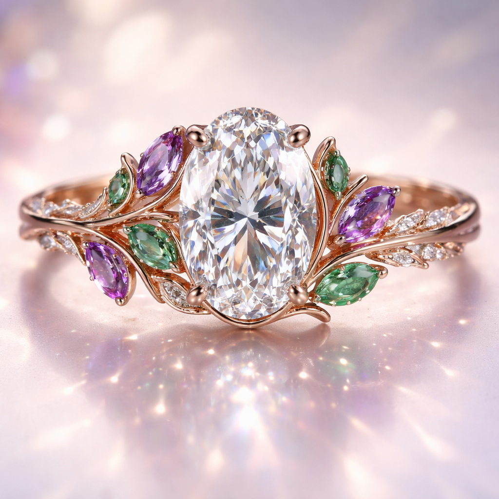 An oval diamond engagement ring that has amethyst purple and green leafs around the big center diamond stone. It has to look elegant and modern and right out of a fairytale.