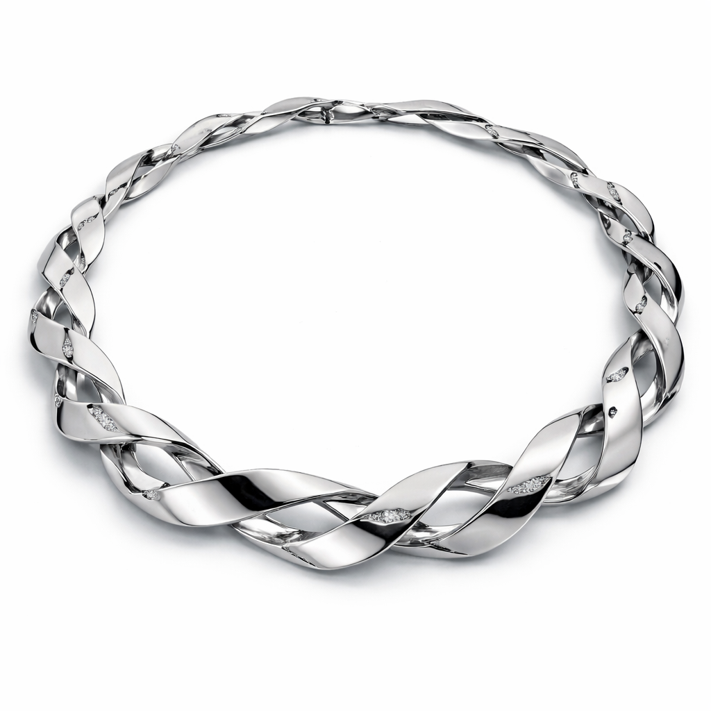 A flexible necklace that has links and articulations that inspired by a twisted flat wire