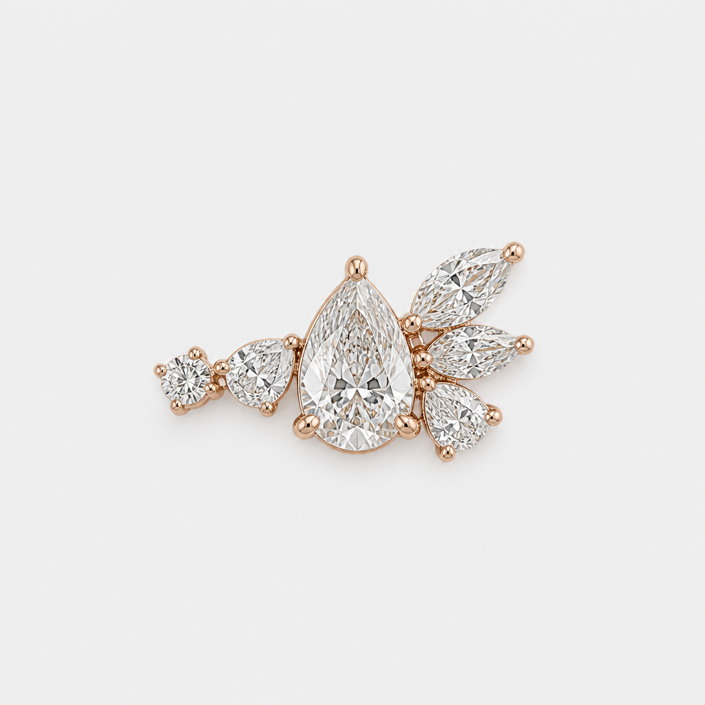 pear shape center with two small marquis with one pear small on side, one small pear on left side with small round on left side in rose gold setting
photorealistic jewelry design, pear shape center with two small marquis with one pear small on side, one small pear on left side with small round on left side in rose gold setting
, just the design no text