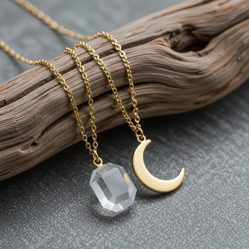 Прозрачный белый длинный кристалл горного хрусталя шестигранный золотой матовый тонкий полумесяц подвеска рядом все на одной цепочке