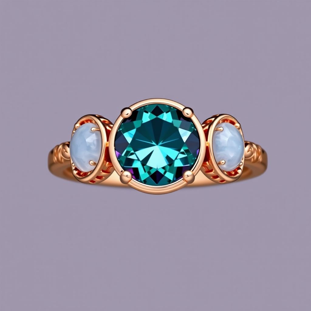 A simple rose gold engagement ring set with a circular alexandrite. Also set with a small half moon blue chalcedony on one side right next to it, and a small half moon moonstone set on the other side right next to it. On the inside of the band, it has an inscription reading, “Tuum. Et in hac vita et in altera.”