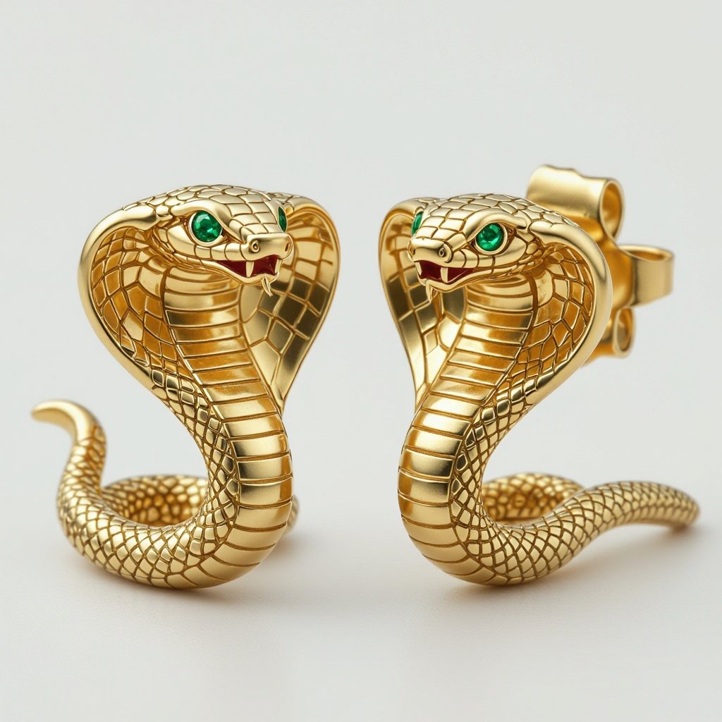 Небольшие золотые матовые серьги в виде кобры с открытым капюшоном