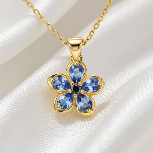 Create a forget me not flower pendant.  The petals are formed using paved light blue sapphires.  The center stone is 1 black diamond surrounded by yellow diamonds 