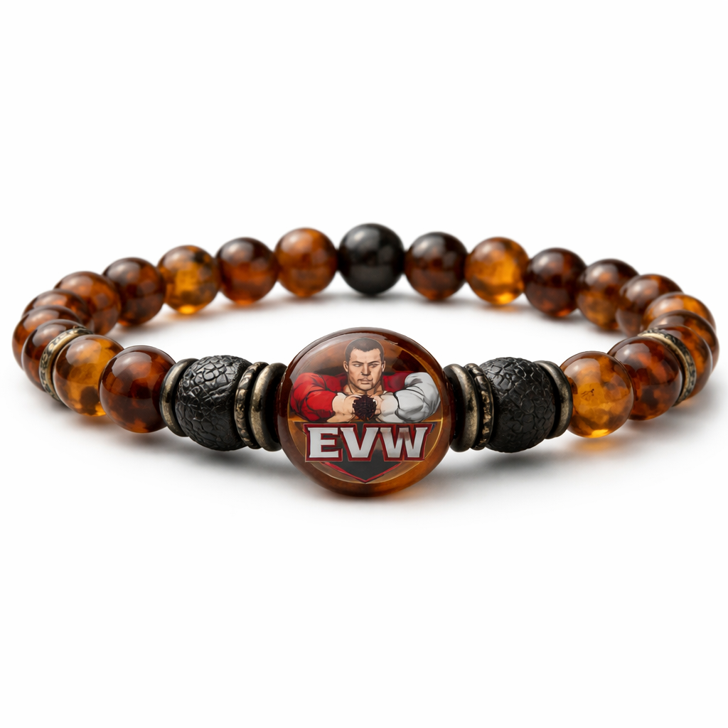 Do not use silver or gold and bracelet for man only amber stones small size EVW logo on the amber stone red and black and white colours arm wrestling
