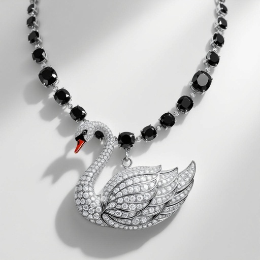 Make a high jewellery necklace with a swan studded with diamonds as the centre and black diamonds are present in the strand of the necklace and multiple black diamonds should be large and swan studded with white diamonds should also be large 