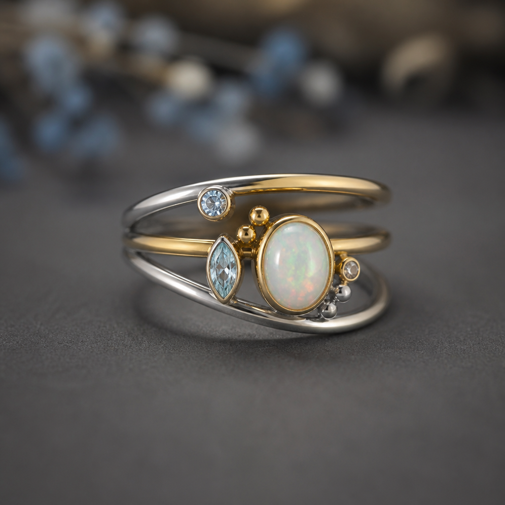 A minimalist women's ring made of mixed metal with opal and topaz and aquamarine stones suitable for festival. A modern women ring with little ornaments of modern motifs.
photorealistic jewelry design, A minimalist women's ring made of mixed metal with opal and topaz and aquamarine stones suitable for festival. A modern women ring with little ornaments of modern motifs., minimalist style, just the design no text