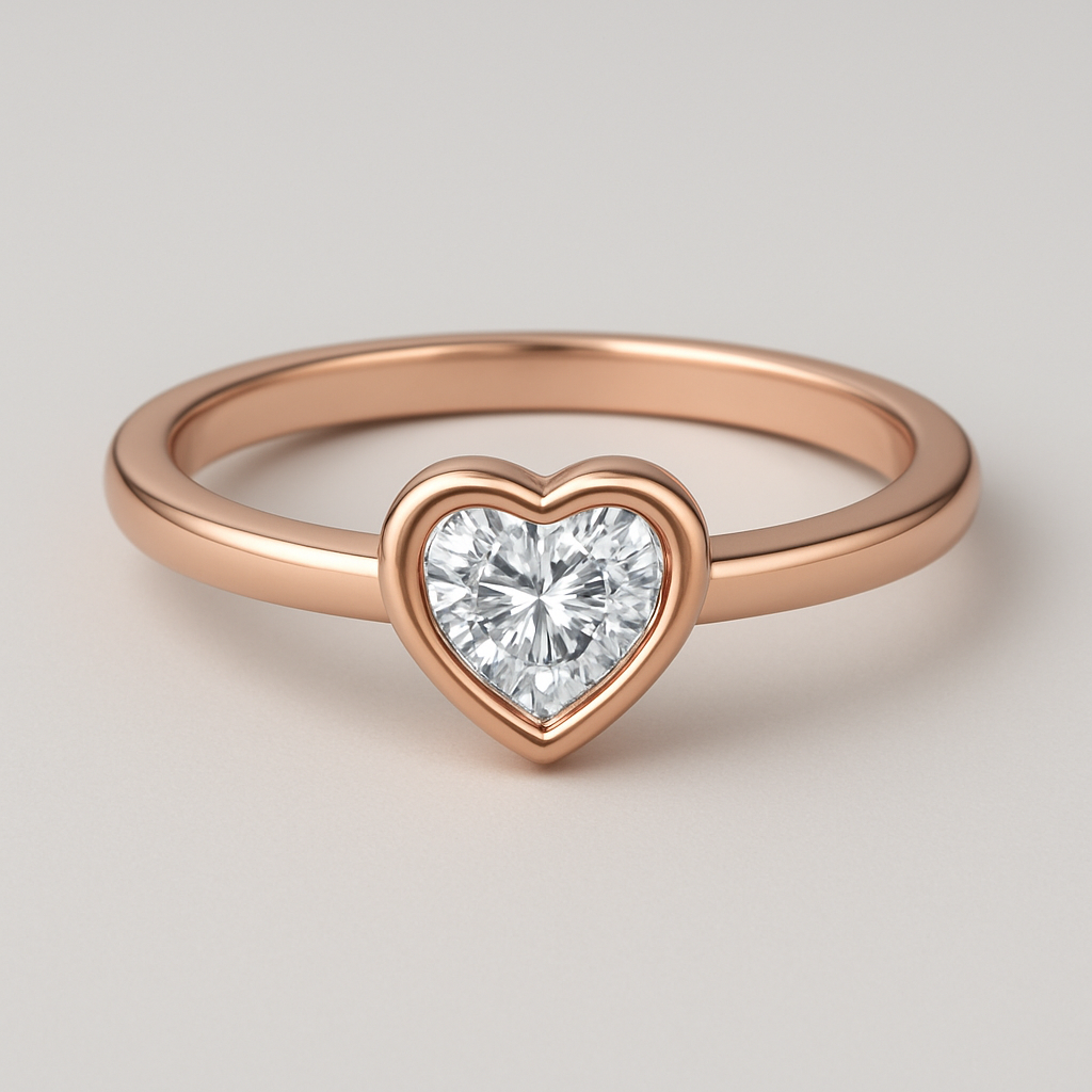 A rose gold ring with a diamond orb in the middle that doesn’t stick out to much and in the shape of a heart