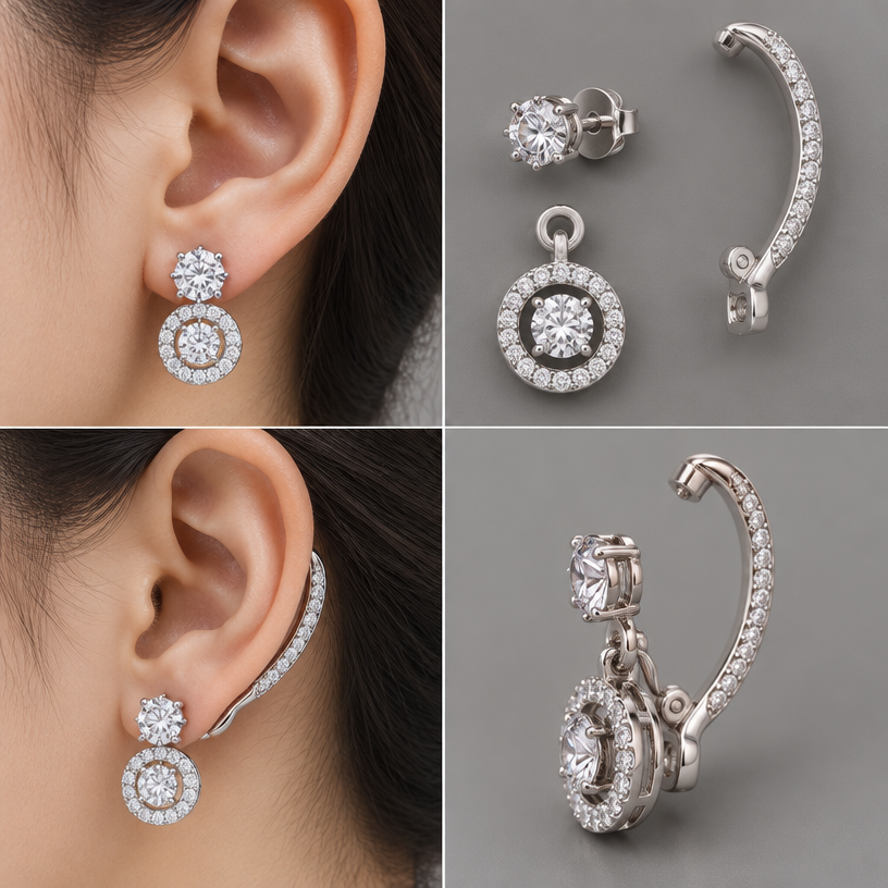 A women's earrings. สามารถถอดออกเป็นส่วนๆได้, ตุ้งติ้งอยู่ใต้ติ่งหู อ้อมหลังใบหู,4 views
using the attached image as a visual reference, create A women's earrings. สามารถถอดออกเป็นส่วนๆได้, ตุ้งติ้งอยู่ใต้ติ่งหู อ้อมหลังใบหู,4 views. photorealistic, just the design no text