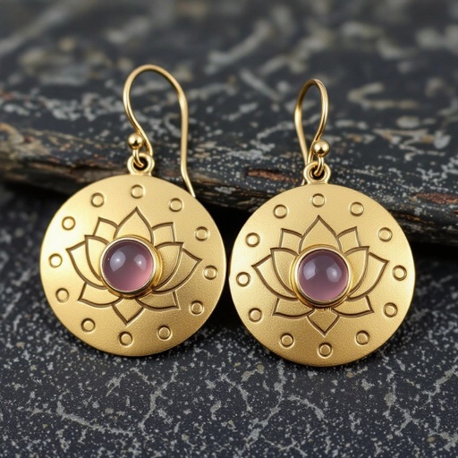 Золотые матовые серьги. Подвеска в виде круга. По окружности выпуклые маленькие точки. В центре выгравирован узор в форме лотоса. В центре лотоса маленький камень из розового кварца