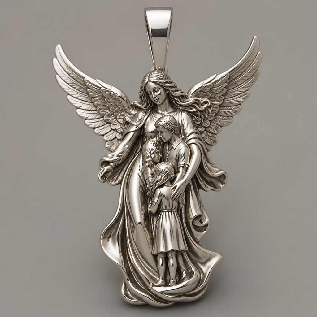 A modern women's pendant made of silver suitable for festival. An extraordinary excellent beautiful delicate and elegant pendant with the Guardian Angel with a beautiful delicate and elegant face, with long hair, with big wings flying, with a beautiful delicate elegant and with beautiful curves at her body, with a beautiful delicate and elegant tunic holding a child and an adult with its hands protecting them and guiding them on the way of the Holy Trinity.