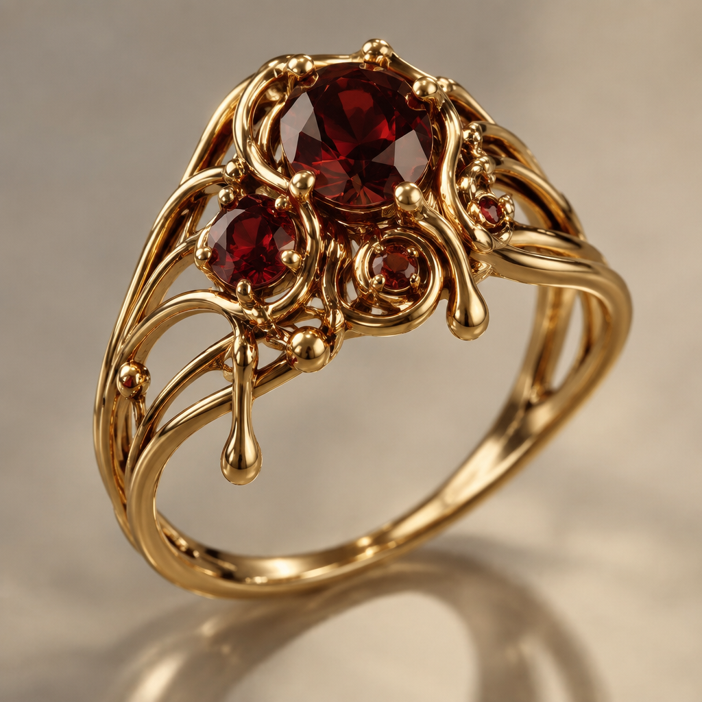 A vintage women's ring made of gold with garnet and ruby stones, detailed and decorative, moderately ornate. anel delicado e luxuoso organico e vazado, com três aros contornando pedras e detalhes de metal escorrendo das pedras.
photorealistic jewelry design, A vintage women's ring made of gold with garnet and ruby stones, detailed and decorative, moderately ornate. anel delicado e luxuoso organico e vazado, com três aros contornando pedras e detalhes de metal escorrendo das pedras., vintage style, just the design no text