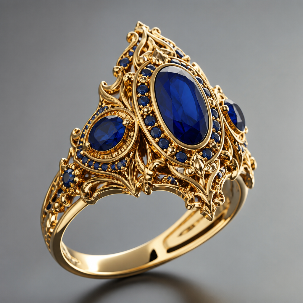 A royal women's ring made of gold with sapphire stones. кольцо перстень на указательный палец
photorealistic jewelry design, A royal women's ring made of gold with sapphire stones. кольцо перстень на указательный палец, royal style, just the design no text