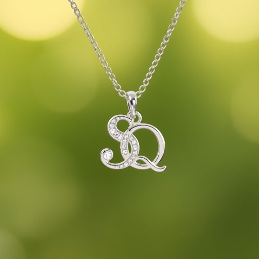 silver necklace with the pendant in conjoined letters SQ with white  stones. Make it cute and simple 