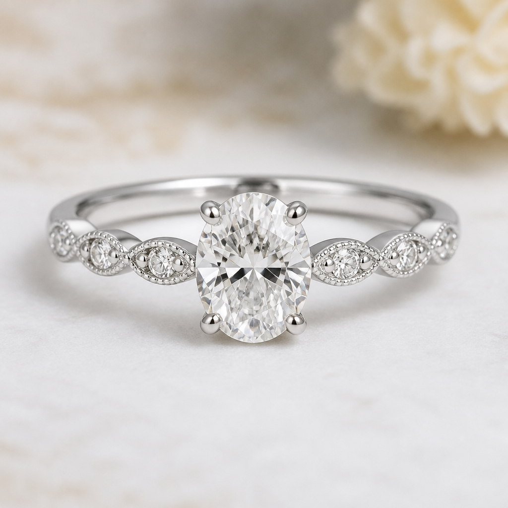 A luxury women's ring made of white gold with diamond stones suitable for wedding. A 0.70-carat oval diamond is used as the center stone.
photorealistic jewelry design, A luxury women's ring made of white gold with diamond stones suitable for wedding. A 0.70-carat oval diamond is used as the center stone., luxury style, just the design no text