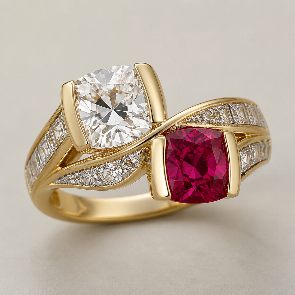 A art deco women's ring made of gold with diamond stones suitable for engagement. vintage-style crossover engagement ring featuring 2 carat, cushion-cut diamond and a 1 carat cushion-cut ruby in a gold tension setting
photorealistic jewelry design, A art deco women's ring made of gold with diamond stones suitable for engagement. vintage-style crossover engagement ring featuring 2 carat, cushion-cut diamond and a 1 carat cushion-cut ruby in a gold tension setting, art_deco style, just the design no text