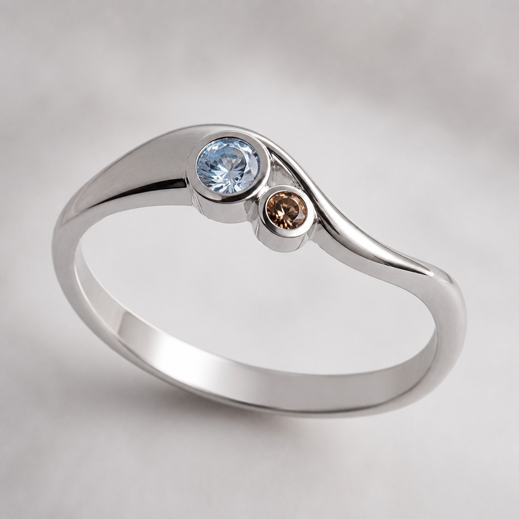 A women's ring made of white gold. изящное немного элегнтное кольцо из белого золото в немного необычной форме но есть место для внутреней гравировки и с двумя не большими драгоценными камнями, один голубого цвета а второй коричневого
photorealistic jewelry design, A women's ring made of white gold. изящное немного элегнтное кольцо из белого золото в немного необычной форме но есть место для внутреней гравировки и с двумя не большими драгоценными камнями, один голубого цвета а второй коричневого, modern style, just the design no text