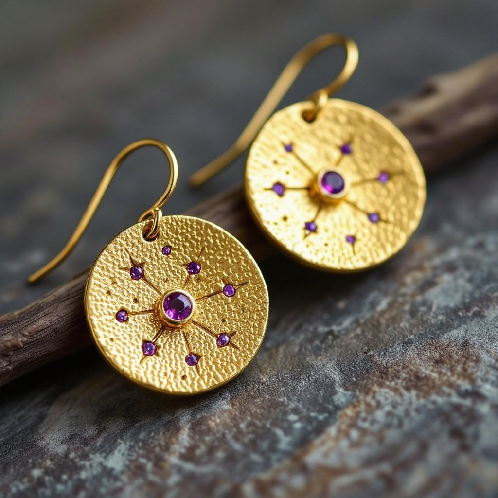 Серьги матовое золото мятое. Символ схематично созвездие. Маленькие фиолетовые камушки