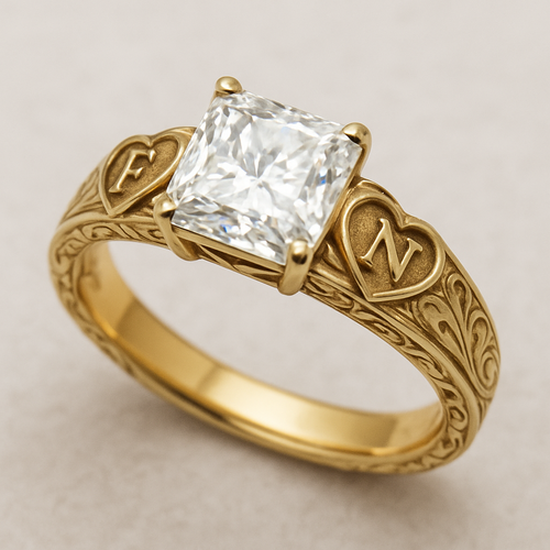 yellow gold ring with a 3 carat radiant diamond in a four prong setting. the setting with a wired open heart on each side of long ways of the ring under the diamonmd and the initial F on one side and the initial N on the other. fancy engraving on shank euro sqaured shanks 