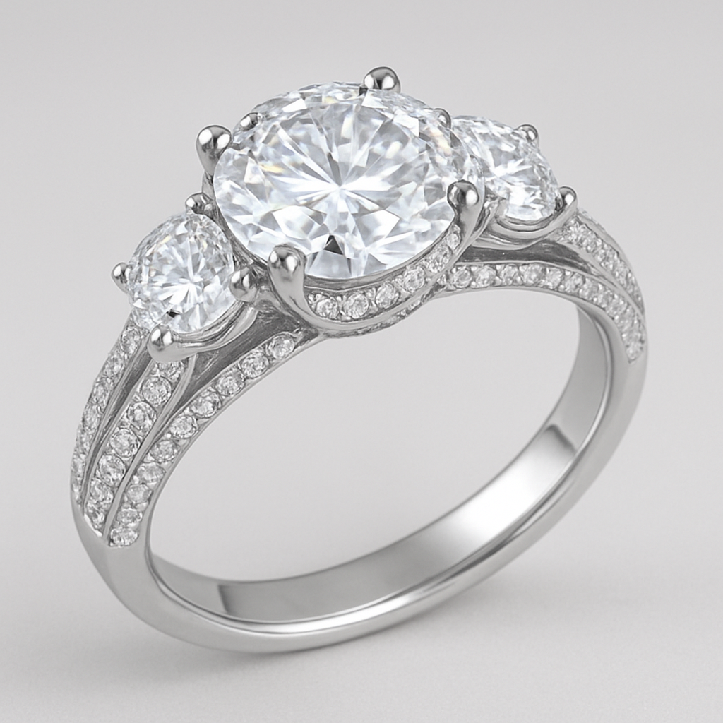 Elegant platinum 4 carat tw 3 stone ring with  hidden halo and pave split band