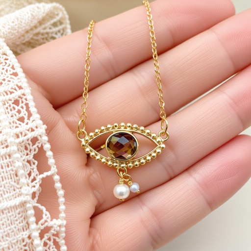 Тонкая цепочка с золотыми шариками и мелкими жемчужными камушками на цепочке есть кулон в форме глаза, зрачок глаза из раухтопаза от глаза идет маленькая подвеска с маленьким камушком 