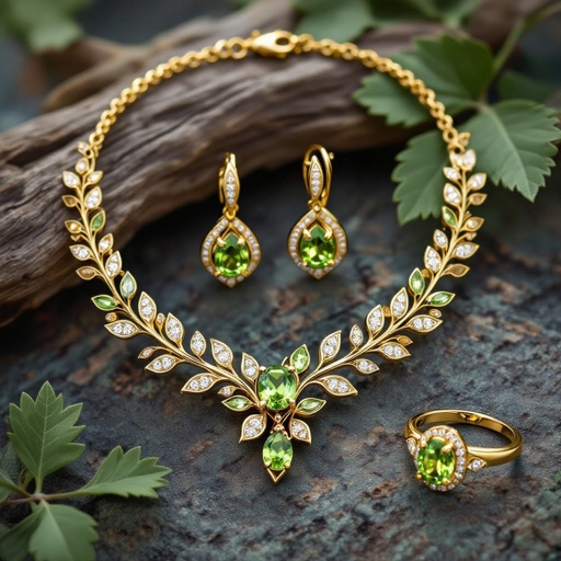 Necklace and earring and rings within peridot and diamond with gold