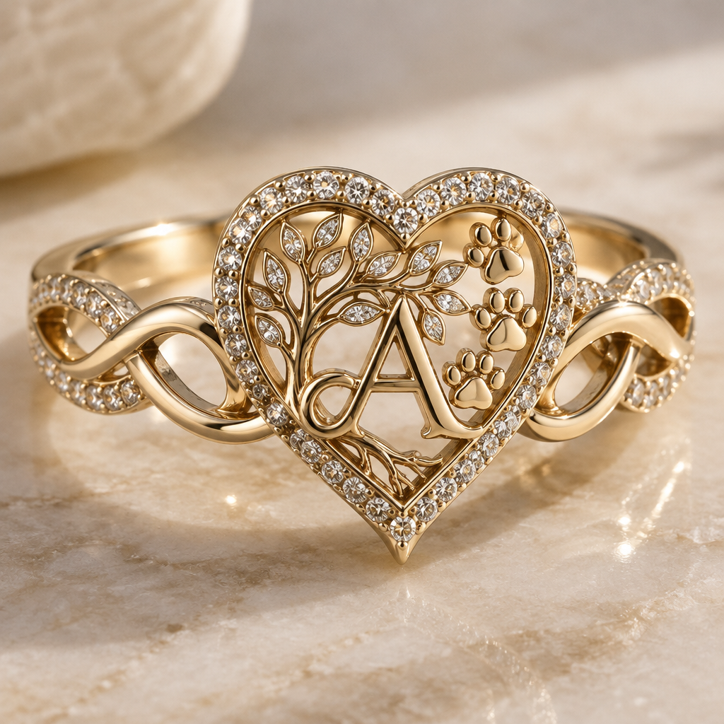 A women's ring, detailed and decorative, moderately ornate. Anillo con forma de corazon y lo que rodea al dedo de infinito, Letra A al centro, con el Árbol de la vida y 3 huellitas de perro
photorealistic jewelry design, A women's ring, detailed and decorative, moderately ornate. Anillo con forma de corazon y lo que rodea al dedo de infinito, Letra A al centro, con el Árbol de la vida y 3 huellitas de perro, modern style, just the design no text