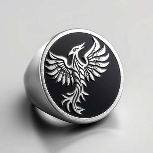 A platinum segnit ring with a phoenix symbol printed on it for men