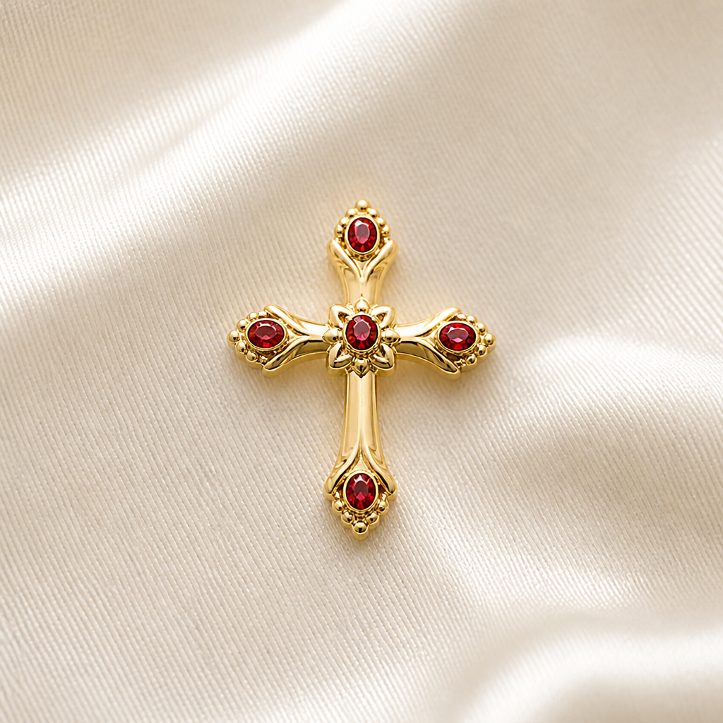 Dainty and feminine Gold cross with rubies, majority gold . Hidden bail
photorealistic jewelry design, Dainty and feminine Gold cross with rubies, majority gold . Hidden bail, bespoke style, just the design no text