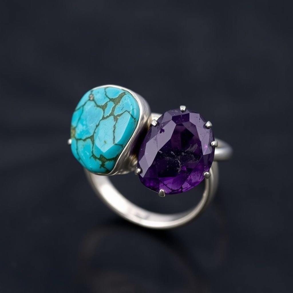 Craft a minimalist silver adjustable ring that delicately embraces the finger. Feature two striking raw natural gemstones—allowing their organic textures and colors to stand out. The design exudes earthy elegance, merging modern style with raw, untamed nature.