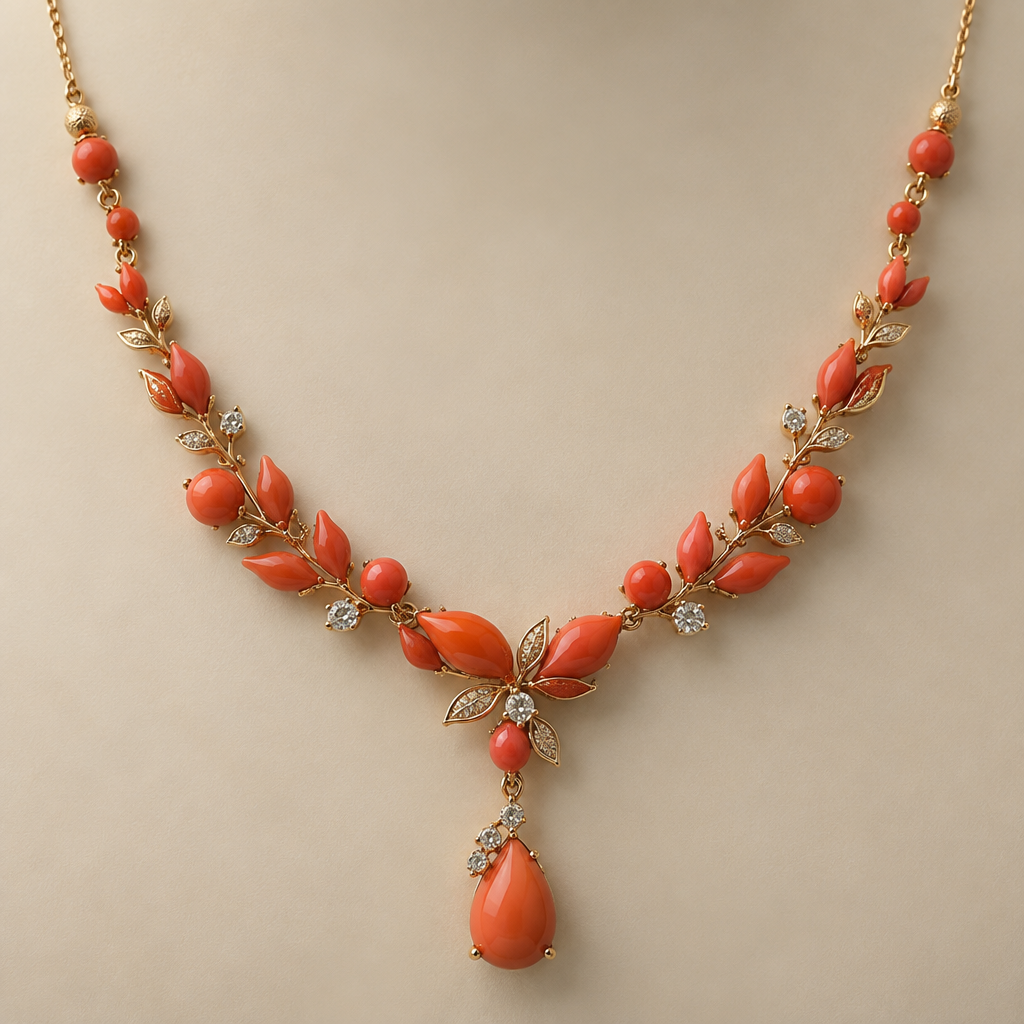 A women's necklace suitable for daily wear, detailed and decorative, moderately ornate. coral neckalace
photorealistic jewelry design, A women's necklace suitable for daily wear, detailed and decorative, moderately ornate. coral neckalace, modern style, just the design no text