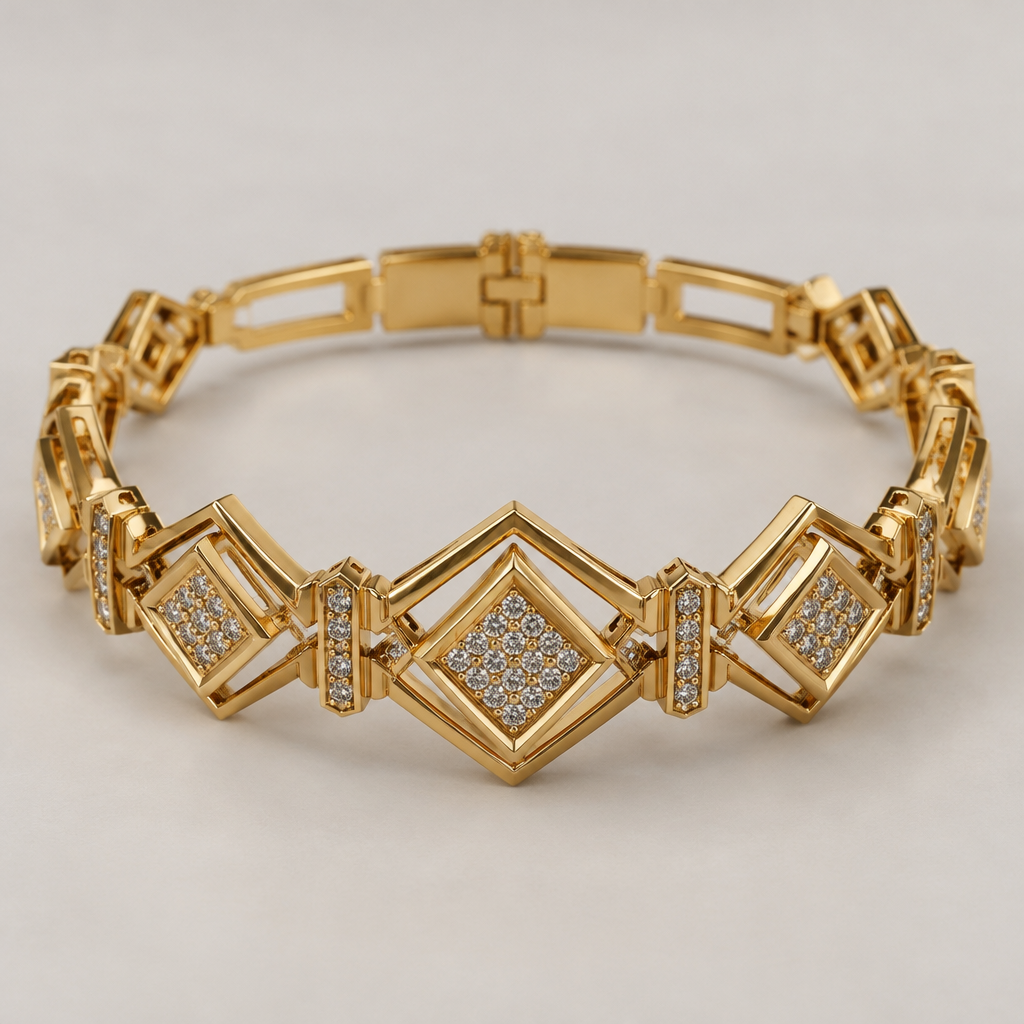 A geometric women's bracelet made of gold, detailed and decorative, moderately ornate
photorealistic jewelry design, A geometric women's bracelet made of gold, detailed and decorative, moderately ornate, geometric style, just the design no text