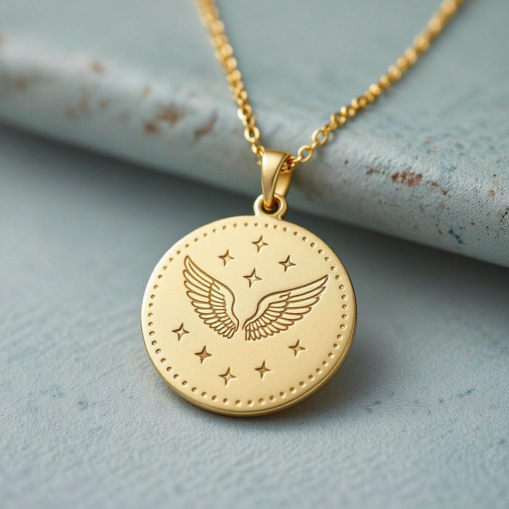 Золотой матовый медальон в форме неровного круга с неровными краями. По краям выпуклые точки сплошной линией. На круге выгравирован ангел без фигуры, видно только крылья и вокруг здездочки и разные узоры и украшен миниатюрными камнями