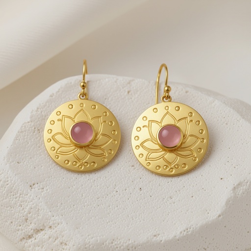 Золотые матовые серьги. Подвеска в виде круга. По окружности выпуклые маленькие точки. В центре выгравирован узор в форме лотоса. В центре лотоса маленький камень из розового кварца