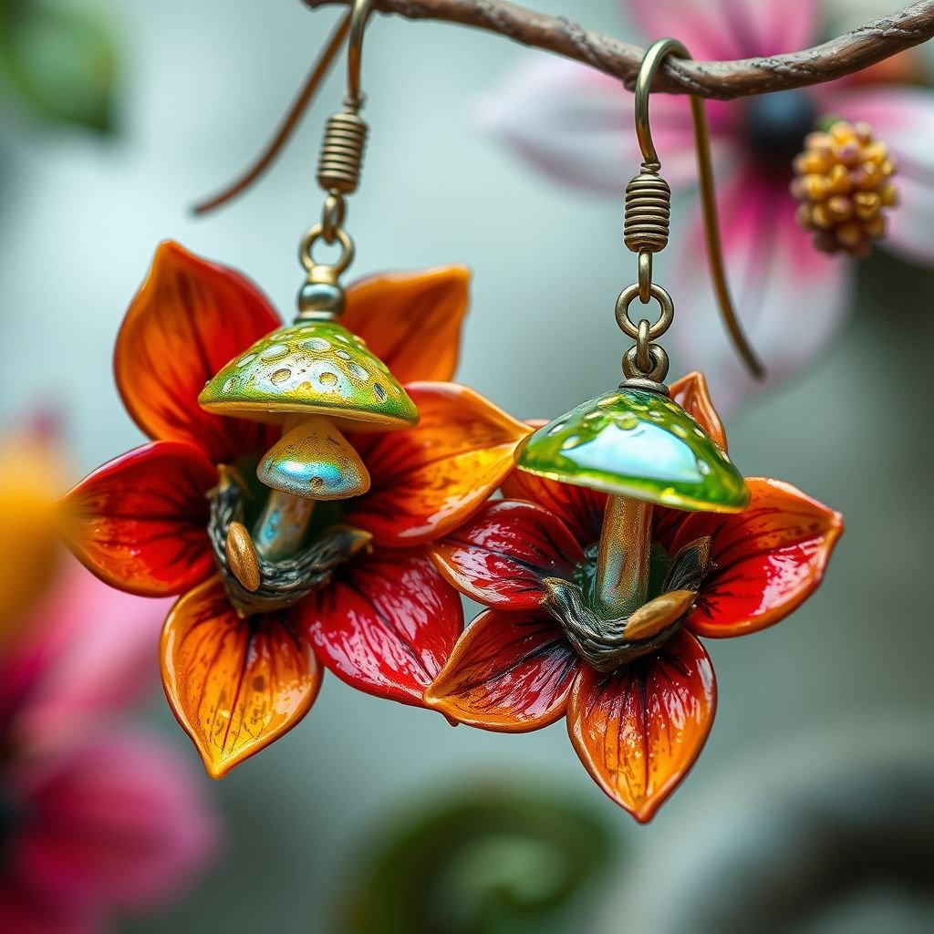 Glass mushroom and flower earrings 