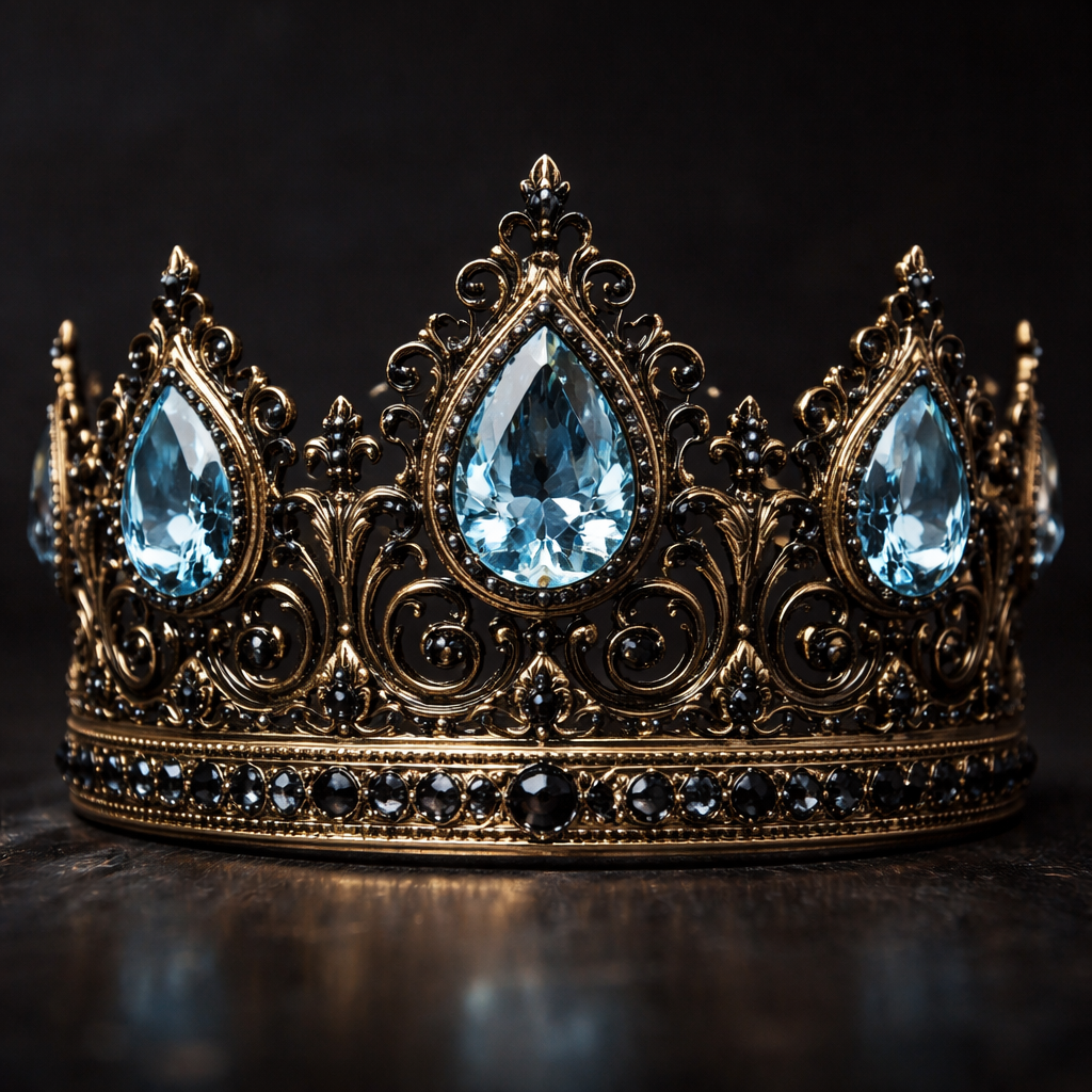 A crown with dark, elegant rich gold carvings with 3 blue dark rich baby blue teardrop shaped diamonds and smaller black diamonds to add detail