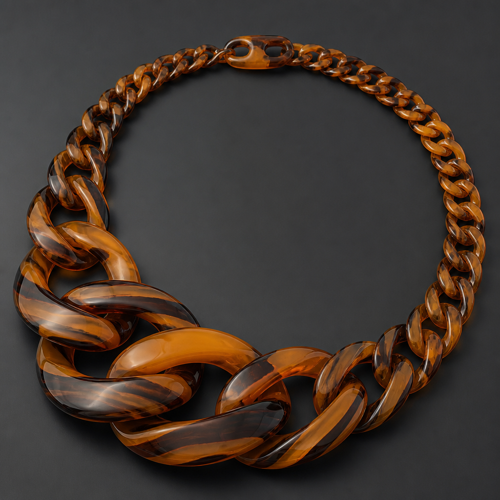A women's necklace. create a chunky Cuban links style plastic necklace that is graduated and exaggerated in the first three links. make it the color of a tiger
photorealistic jewelry design, A women's necklace. create a chunky Cuban links style plastic necklace that is graduated and exaggerated in the first three links. make it the color of a tiger, modern style, just the design no text