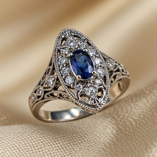 A silver ring with a small sapphire stone in a diamond pattern 