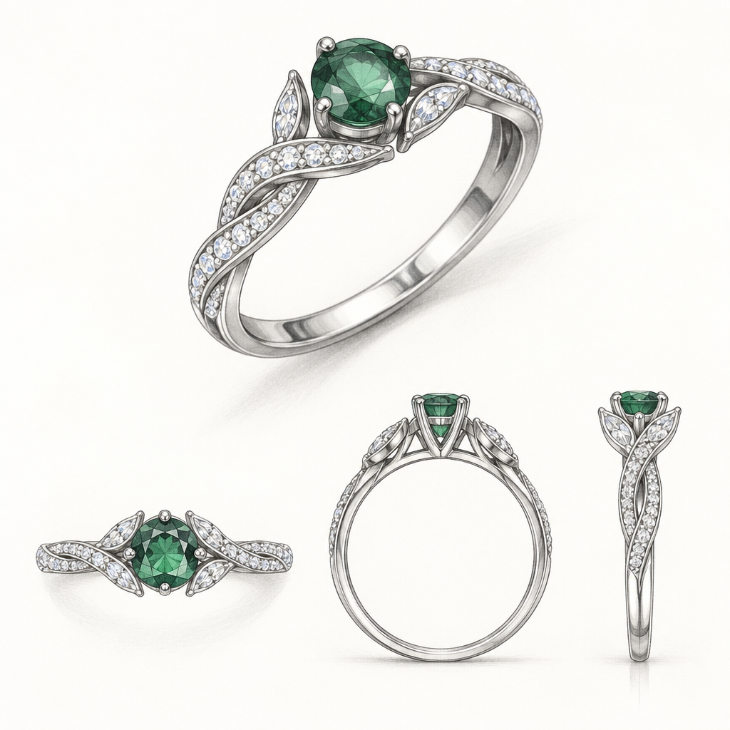 A women's ring, detailed and decorative, moderately ornate. sketch small green gem stone ring with small diamonds on the ring band
photorealistic jewelry design, A women's ring, detailed and decorative, moderately ornate. sketch small green gem stone ring with small diamonds on the ring band, modern style, just the design no text