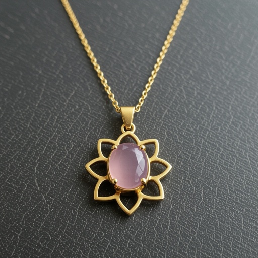 Золотая матовая цепочка. Подвеска матовая лотос шесть лепестков нижние лепестки крупнее верхних  не круглый . В сердце лотоса матовый розовый кварц овальный